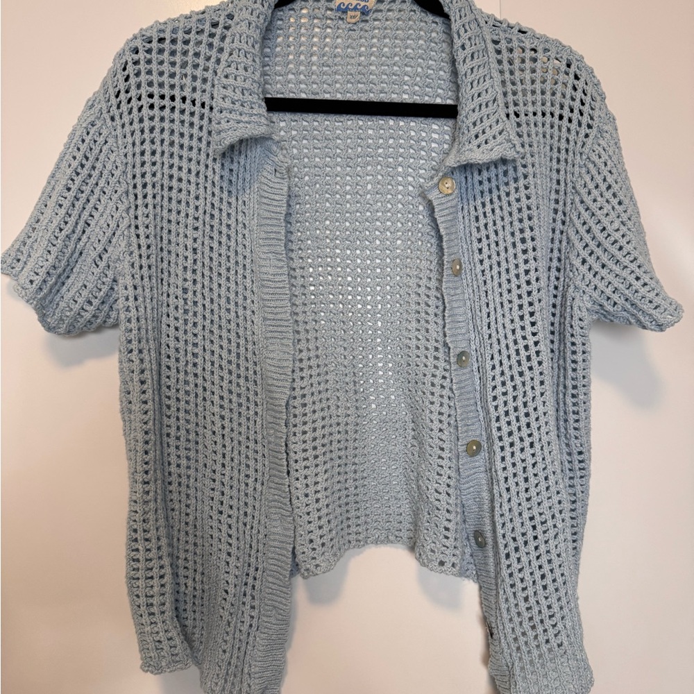 Light Blue Oversized Short Sleeve Button-Up Cardigan